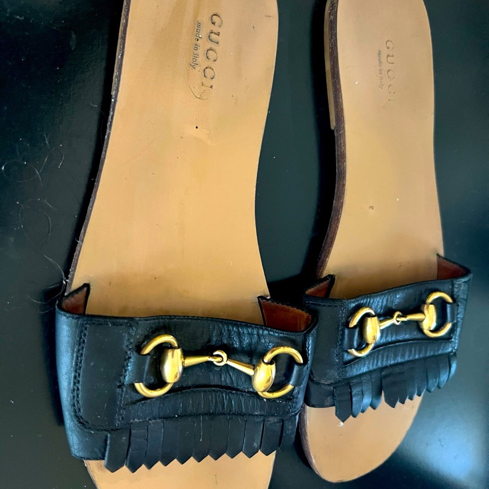 Gucci Black Leather Sandals with Gold Accents